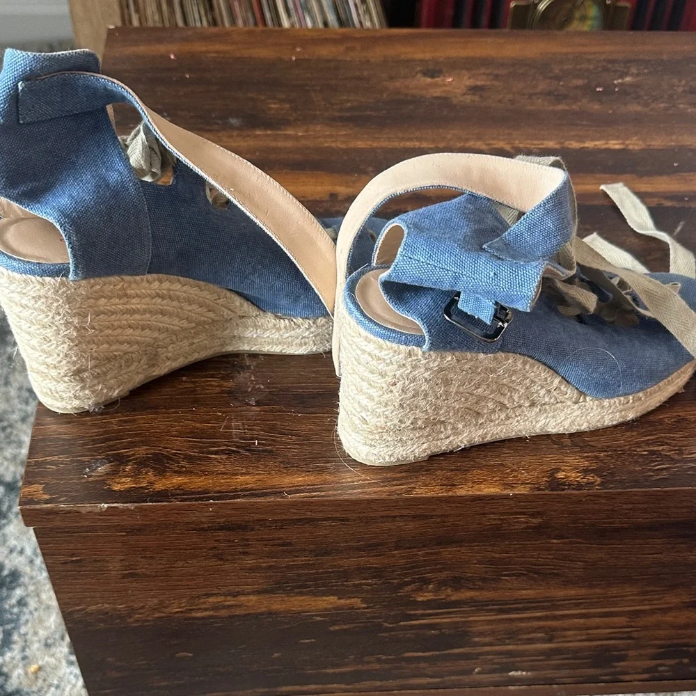 Castaner Blue Canvas Espadrille Wedge Sandals with Ankle Wrap